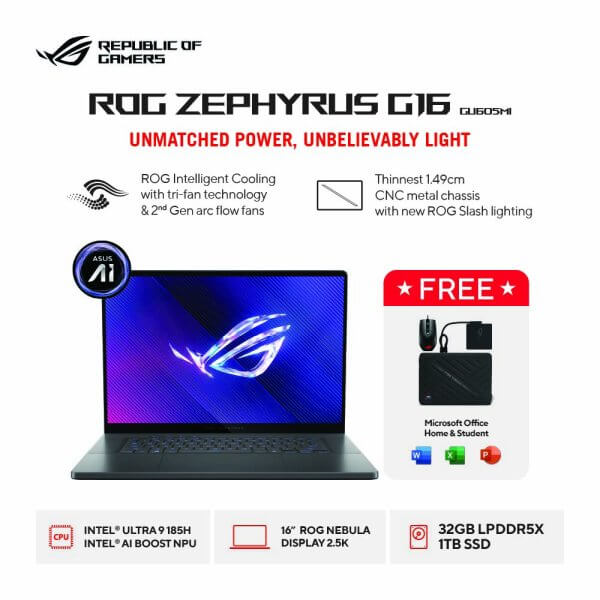 Asus ROG Zephyrus G16 GU605MV-I946OL7G-OM [ULTRA 9-185H|RTX 4060|RAM 32GB|SSD 1TB|Win11|OHS21+365]
