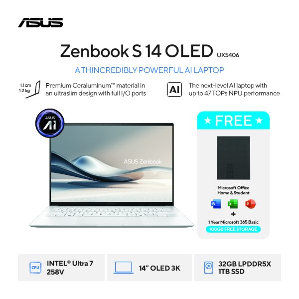 Asus Zenbook S14 OLED UX5406SA-OLEDS7312TM [Ultra 7 258V 32GB|RAM 32GB|SSD 1TB|TouchScreen|Win11|OHS24+365]