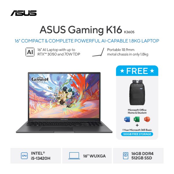 Asus Gaming K16 K3605VC-I535B6T-HM [i5-13420H|RTX 3050|RAM 16GB|SSD 512GB|Win11|OHS24+365]