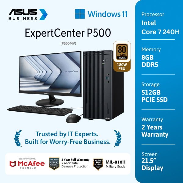 Asus ExpertCenter Mini Tower P500MV-7850332WS [Intel Core 7 240H|RAM 8GB|SSD 512GB|Win11|OHS24+365|McAfee 1Y]