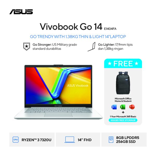 Asus Vivobook Go 14 E1404FA-FHD3823M [R3-7320U|RAM 8GB|SSD 256GB|Win11|OHS24+365|Silver]
