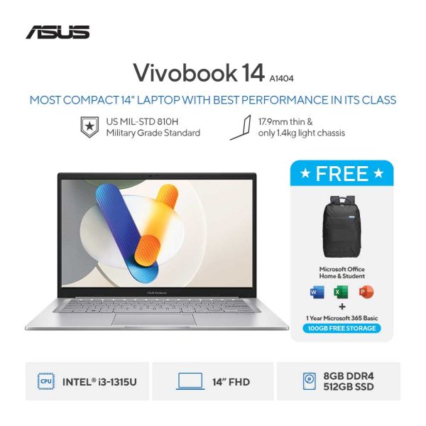 Asus Vivobook 14 A1404VA-VIPS3856M [i3-1315U|RAM 8GB|SSD 512GB|Win11|OHS24+365|Silver]