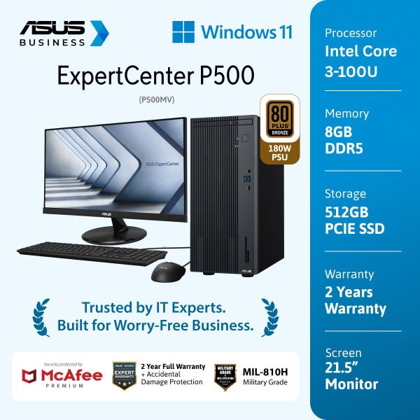 Asus ExpertCenter Mini Tower P500MV-3850182WS [Intel Core 3-100U|RAM 8GB|SSD 512GB|Win11|OHS24+365|McAfee 1Y]