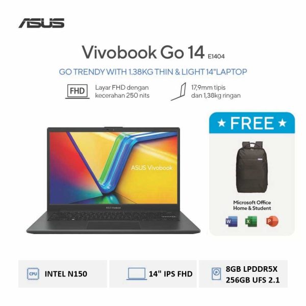 Asus Vivobook Go 14 E1404TA-VIPS1821M [Intel N150|RAM 8GB|SSD 256GB|Win11|OHS24+365|Black]