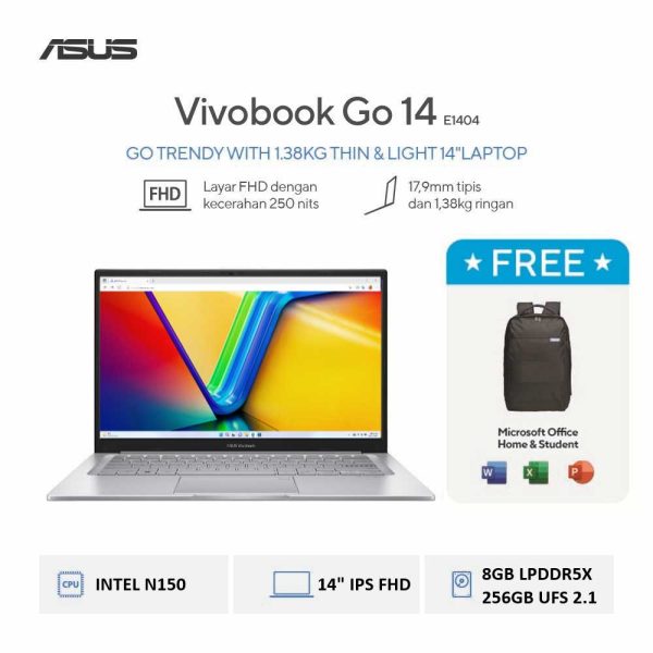 Asus Vivobook Go 14 E1404TA-VIPS1822M [Intel N150|RAM 8GB|SSD 256GB|Win11|OHS24+365|Silver]