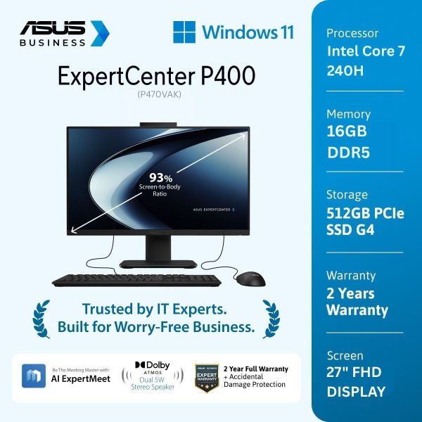Asus ExpertCenter P400 PC AIO P470VAK-B7152WS [Core 7 240H|RAM 16GB|SSD 512GB|Win11|OHS24+365|McAfee|Black]