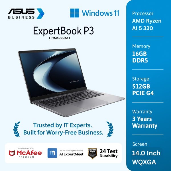 Asus ExpertBook P3 PM3406CKA-NZ5150WS [AMD Ryzen AI 5 330|RAM 16GB|SSD 512GB|Win11|OHS24+365|Mcafee 1Y]
