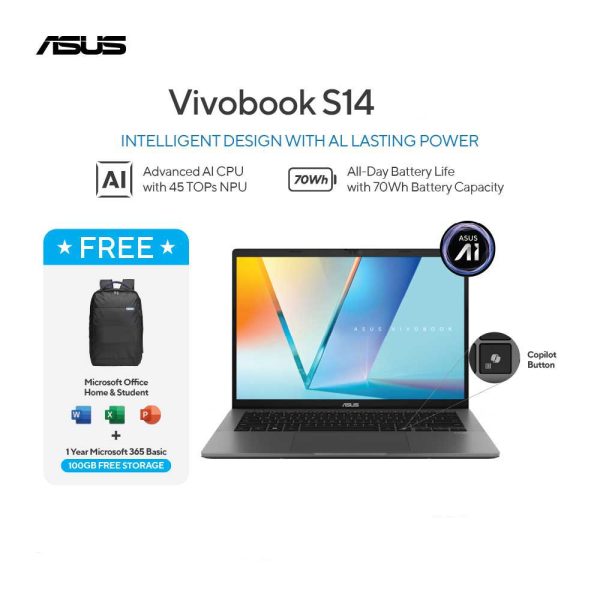 Asus Vivobook S14 OLED S3407AA-OLED7111M [Intel Ultra 7-355H|RAM 16GB|SSD 1TB|Win11|OHS24+365|Gray]