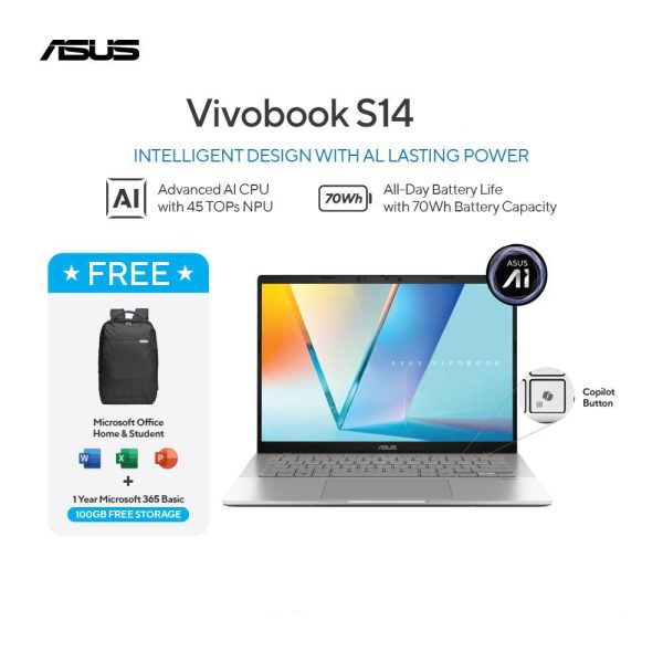 Asus Vivobook S14 OLED S3407AA-OLED7112M [Intel Ultra 7-355H|RAM 16GB|SSD 1TB|Win11|OHS24+365|Silver]