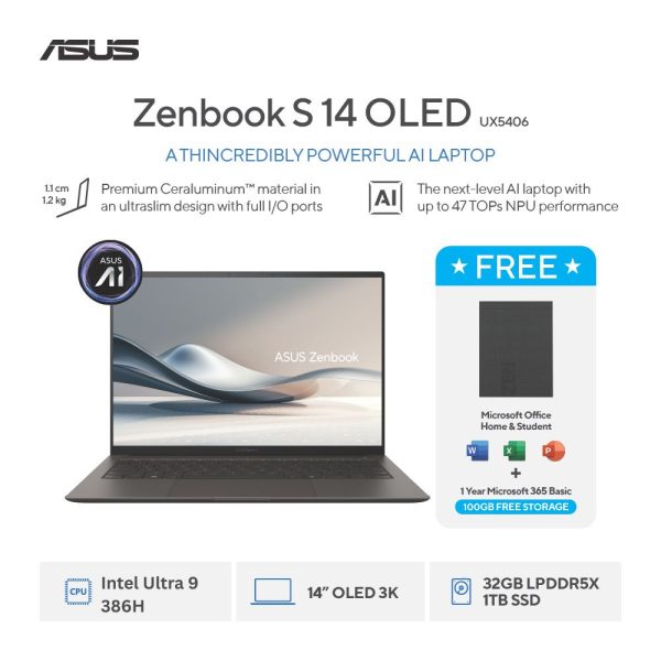 Asus Zenbook S14 OLED UX5406AA-OLEDS9311TM [Ultra 9 386H|RAM 32GB|SSD 1TB|TouchScreen|Win11|OHS24+365|Gray]