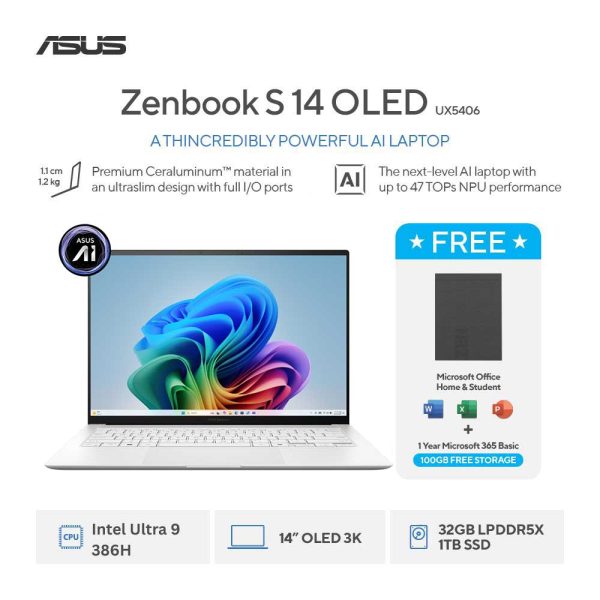 Asus Zenbook S14 OLED UX5406AA-OLEDS9312TM [Ultra 9 386H|RAM 32GB|SSD 1TB|TouchScreen|Win11|OHS24+365|White]