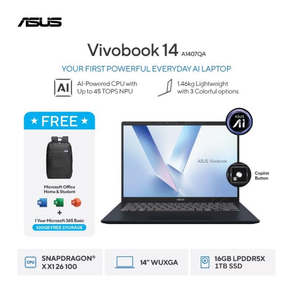 Asus Vivobook 14 A1407QA-VIPSP111M [SNAPDRAGON X X1 26 100|RAM 16GB|SSD 1TB|Win11|OHS24+365|Blue]