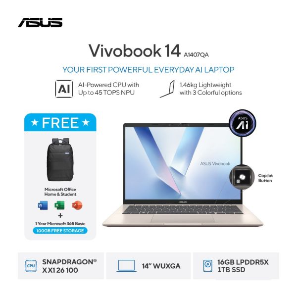 Asus Vivobook 14 A1407QA-VIPSP112M [SNAPDRAGON X X1 26 100|RAM 16GB|SSD 1TB|Win11|OHS24+365|Gold]