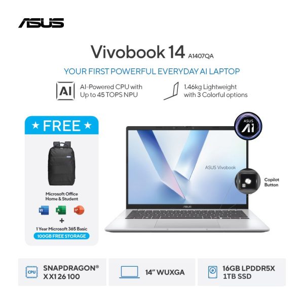 Asus Vivobook 14 A1407QA-VIPSP113M [SNAPDRAGON X X1 26 100|RAM 16GB|SSD 1TB|Win11|OHS24+365|Silver]
