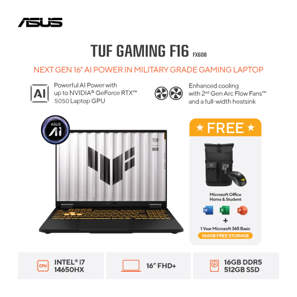 Asus TUF Gaming F16 FX608JHI-I7N55K6G-HM [I7-14650HX|RTX 5050|RAM 16GB|SSD 512GB|Win11|OHS24+365|JaegarGray]