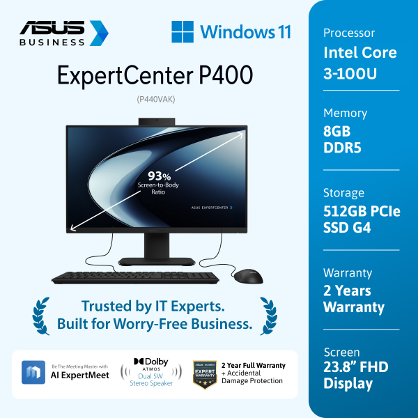Asus ExpertCenter P400 PC AIO P440VAK-B3852WS [Intel Core 3 100U|RAM 8GB|SSD 512GB|Win11|OHS24+365|Black]