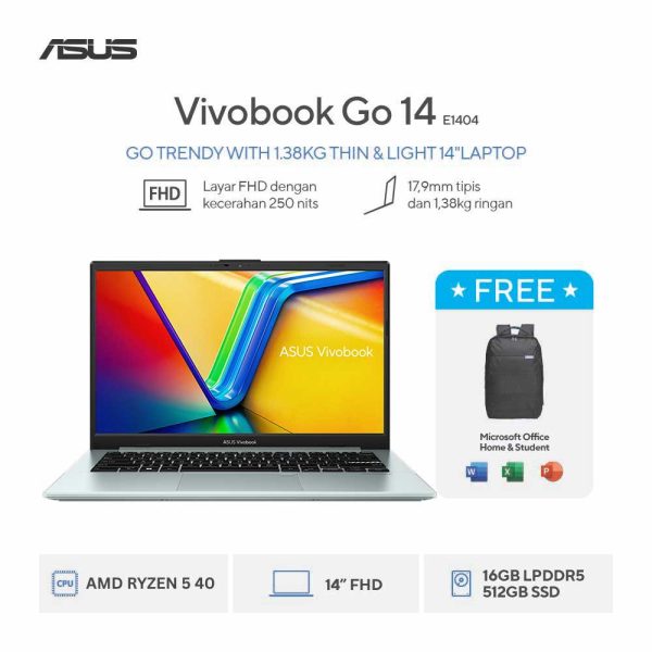 Asus Vivobook Go 14 E1404FA-VIPS5155M [AMD Ryzen 5 40|RAM 16GB|SSD 512GB|Win11|OHS24+365|GreenGray]