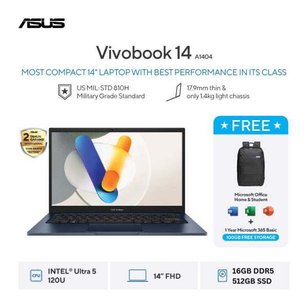 Asus Vivobook 14 A1404VAP-VIPS5154M [Intel Core 5 120U|RAM 16GB DDR5|SSD 512GB|Win11|OHS24+365|Blue]