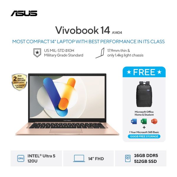 Asus Vivobook 14 A1404VAP-VIPS5155M [Intel Core 5 120U|RAM 16GB DDR5|SSD 512GB|Win11|OHS24+365|TerraCotta]
