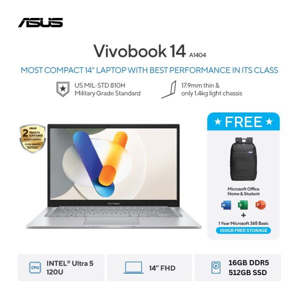 Asus Vivobook 14 A1404VAP-VIPS5156M [Intel Core 5 120U|RAM 16GB DDR5|SSD 512GB|Win11|OHS24+365|Silver]