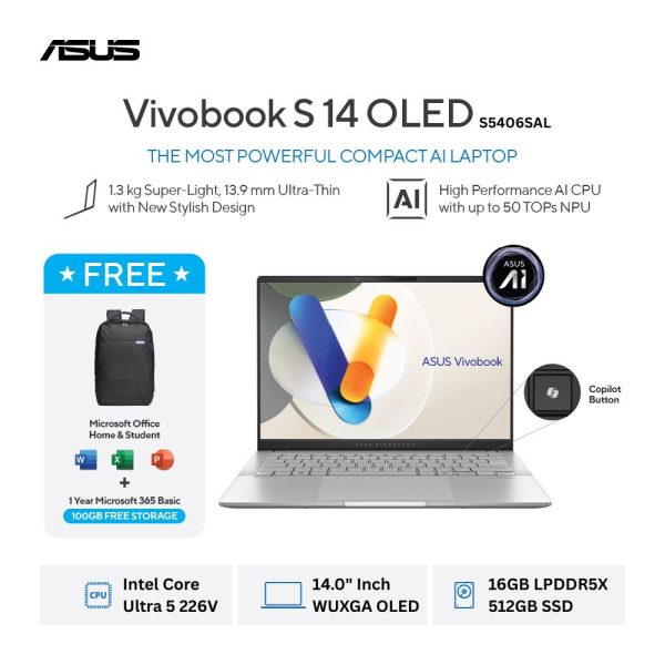Asus Vivobook S14 OLED S5406SAL-OLED5151M [Intel Core Ultra 5 226V|RAM 16GB|SSD 512GB|Win11|OHS24+365|Silver]