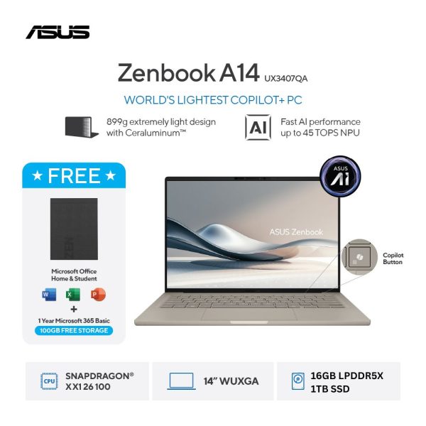 Asus Zenbook 14 UX3407QA-IPSP111M [Snapdragon X X1 26 100|RAM 16GB|SSD 1TB|Win11|OHS24+365|Zabriskie Beige]