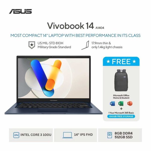 Asus Vivobook 14 A1404VAP-VIPS3851M [Intel Core 3 100U|RAM 8GB DDR5|SSD 512GB|Win11|OHS24+365]QuietBlue]