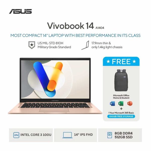 Asus Vivobook 14 A1404VAP-VIPS3852M [Intel Core 3 100U|RAM 8GB DDR5|SSD 512GB|Win11|OHS24+365]TerraCotta]