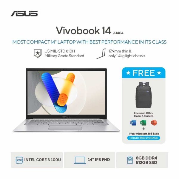 Asus Vivobook 14 A1404VAP-VIPS3853M [Intel Core 3 100U|RAM 8GB DDR5|SSD 512GB|Win11|OHS24+365|Silver]