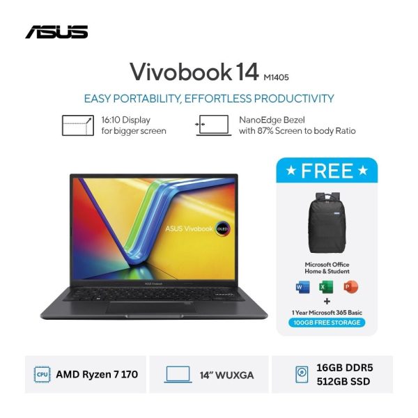 Asus Vivobook 14 M1405NAQ-VIPS7151M [AMD Ryzen 7 170|RAM 16GB|SSD 512GB|Win11|OHS24+365|Black]