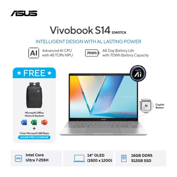 Asus Vivobook S14 OLED S3407CA-OLED7152M [Intel Core Ultra 7-255H|RAM 16GB|SSD 512GB|Win11|OHS24+365|Silver]