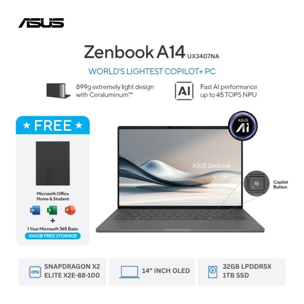 Asus Zenbook A14 OLED UX3407NA-OLEDG311M [Snapdragon X2 Elite X2E-88-100|RAM 32GB|SSD 1TB|Win11|OHS24+365|Iceland Grey]