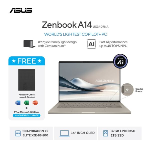 Asus Zenbook A14 OLED UX3407NA-OLEDG312M [Snapdragon X2 Elite X2E-88-100|RAM 32GB|SSD 1TB|Win11|OHS24+365|Zabriskie Beige]