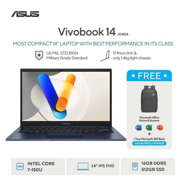 Asus Vivobook 14 A1404VAP-VIPS7154M [Intel Core 7-150U|RAM 16GB|SSD 512GB|Win11|OHS24+365|Blue]