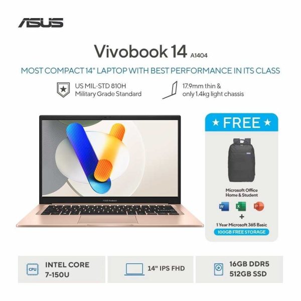 Asus Vivobook 14 A1404VAP-VIPS7155M [Intel Core 7-150U|RAM 16GB|SSD 512GB|Win11|OHS24+365|TerraCotta]