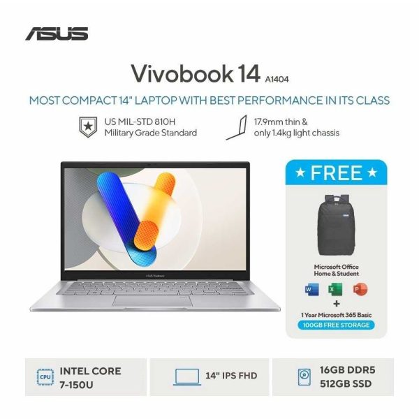 Asus Vivobook 14 A1404VAP-VIPS7156M [Intel Core 7-150U|RAM 16GB|SSD 512GB|Win11|OHS24+365|Silver]
