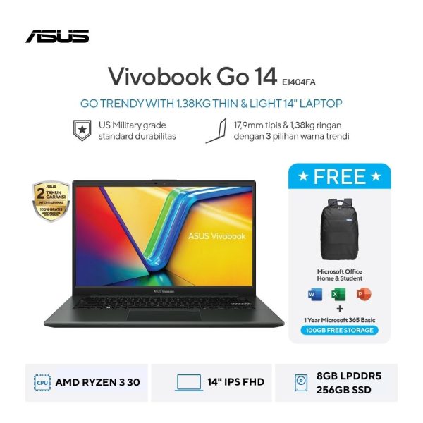 Asus Vivobook Go 14 E1404FA-VIPS3824M [AMD Ryzen 3 30|RAM 8GB|SSD 256GB|Win11|OHS24+365|Black]
