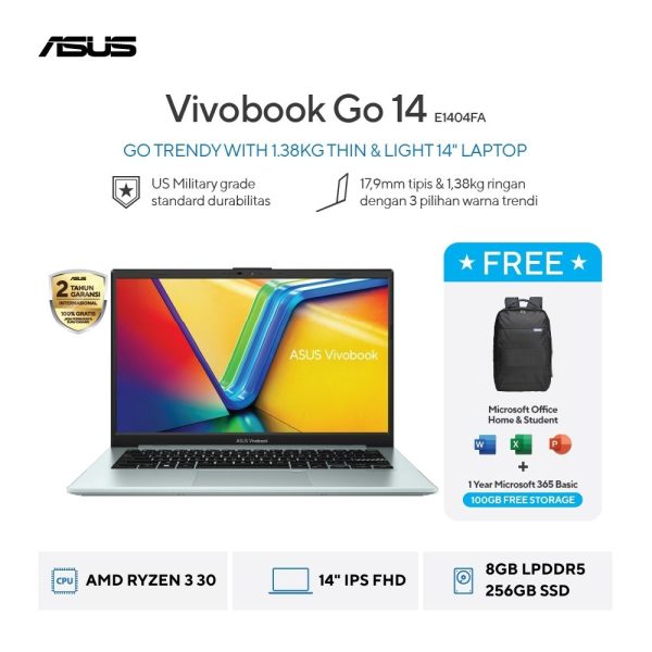 Asus Vivobook Go 14 E1404FA-VIPS3825M [AMD Ryzen 3 30|RAM 8GB|SSD 256GB|Win11|OHS24+365|Green]