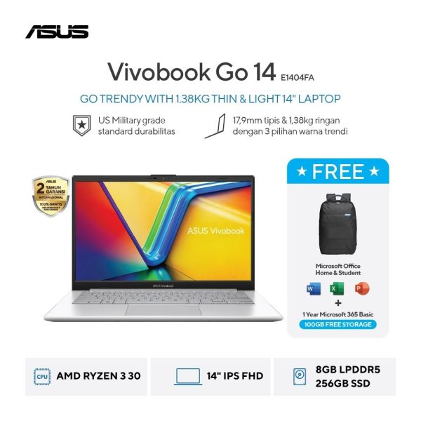 Asus Vivobook Go 14 E1404FA-VIPS3826M [AMD Ryzen 3 30|RAM 8GB|SSD 256GB|Win11|OHS24+365|Silver]