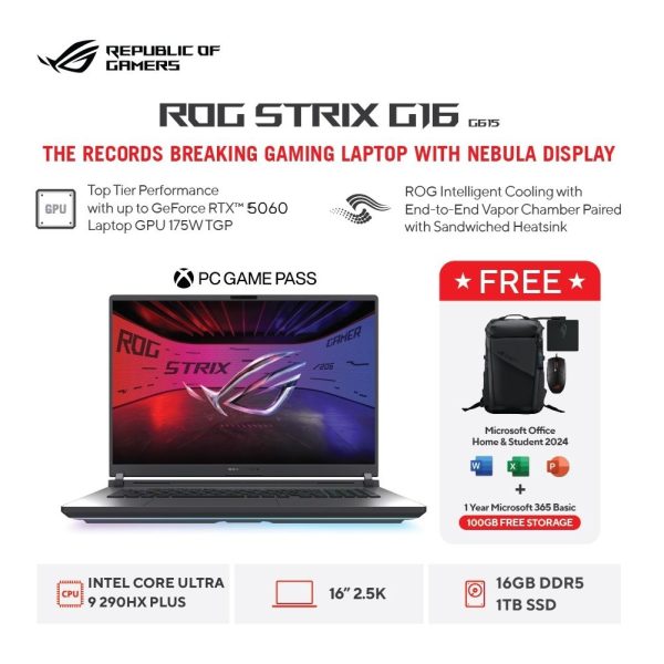 Asus ROG Strix G16 G615LM-I9N56T6G-HM [Intel Core Ultra 9-290HX Plus|RTX 5060|RAM 16GB|SSD 1TB|Win11|OHS24+365]