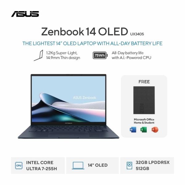Asus Zenbook 14 OLED UX3405CA-OLED7351TM [Ultra 7-255H|RAM 32GB|SSD 512GB|TouchScreen|Win11|OHS24+365|Blue]