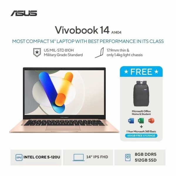 Asus Vivobook 14 A1404VAP-VIPS5855M [Intel Core 5 120U|SSD 512GB|RAM 8GB DDR5|Win11|OHS24+365|TerraCotta]
