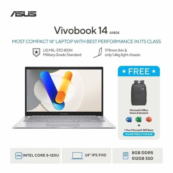 Asus Vivobook 14 A1404VAP-VIPS5856M [Intel Core 5 120U|SSD 512GB|RAM 8GB DDR5|Win11|OHS24+365|Silver]