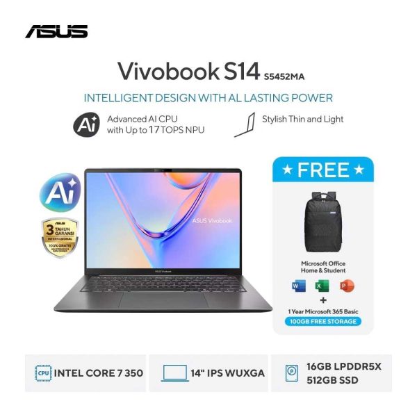 Asus Vivobook S14 S5452MA-IPS7151M [Intel Core 7 350|RAM 16GB|SSD 512GB|Win11|OHS24+365|Gray]