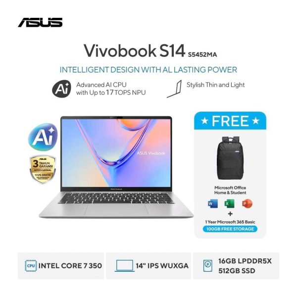 Asus Vivobook S14 S5452MA-IPS7152M [Intel Core 7 350|RAM 16GB|SSD 512GB|Win11|OHS24+365|Silver]
