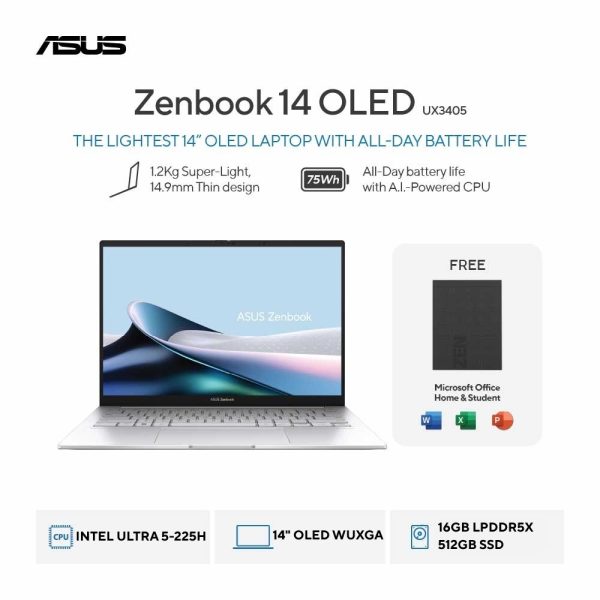 Asus Zenbook 14 OLED UX3405CA-OLED5152TM [Intel Ultra 5-225H|RAM 16GB|SSD 512GB|TouchScreen|Win11|OHS24+365|Silver]